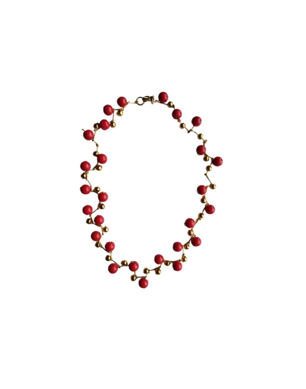 Collar Perlas Rojas, Alfileres y Balines Dorados 