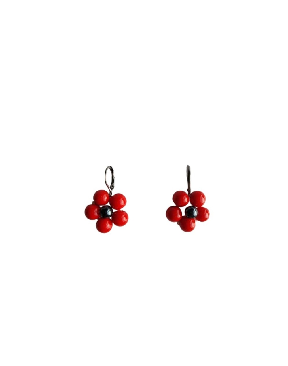 Aretes Flor de Perlas Rojas y Acerina Plateada 