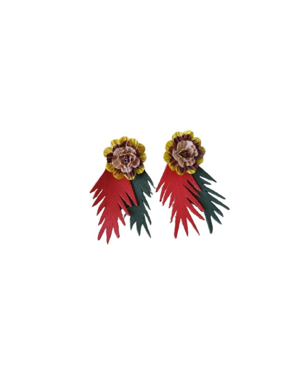 ARETES RAMAS EN CUERO Y FLOR EN AMERO