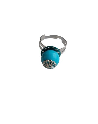 Anillo Ajustable En Aluminio Plateado Y Turquesa Con Mándale en la Mitad 