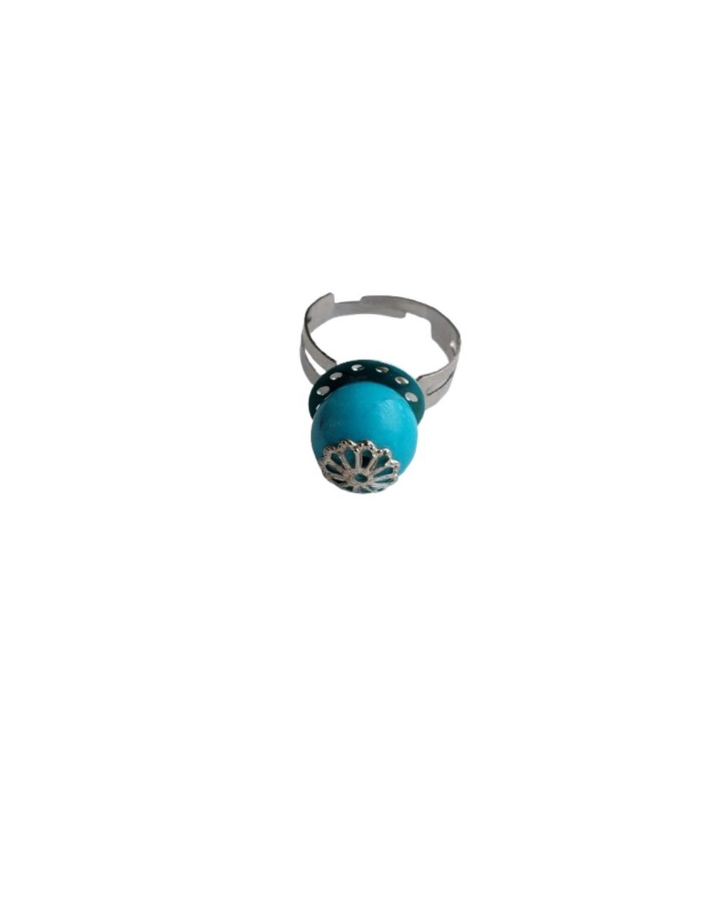 Anillo Ajustable En Aluminio Plateado Y Turquesa Con Mándale en la Mitad 