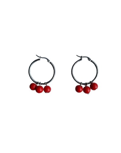 Aretes en Aro Plateado con Perlas de Cristal Rojo 