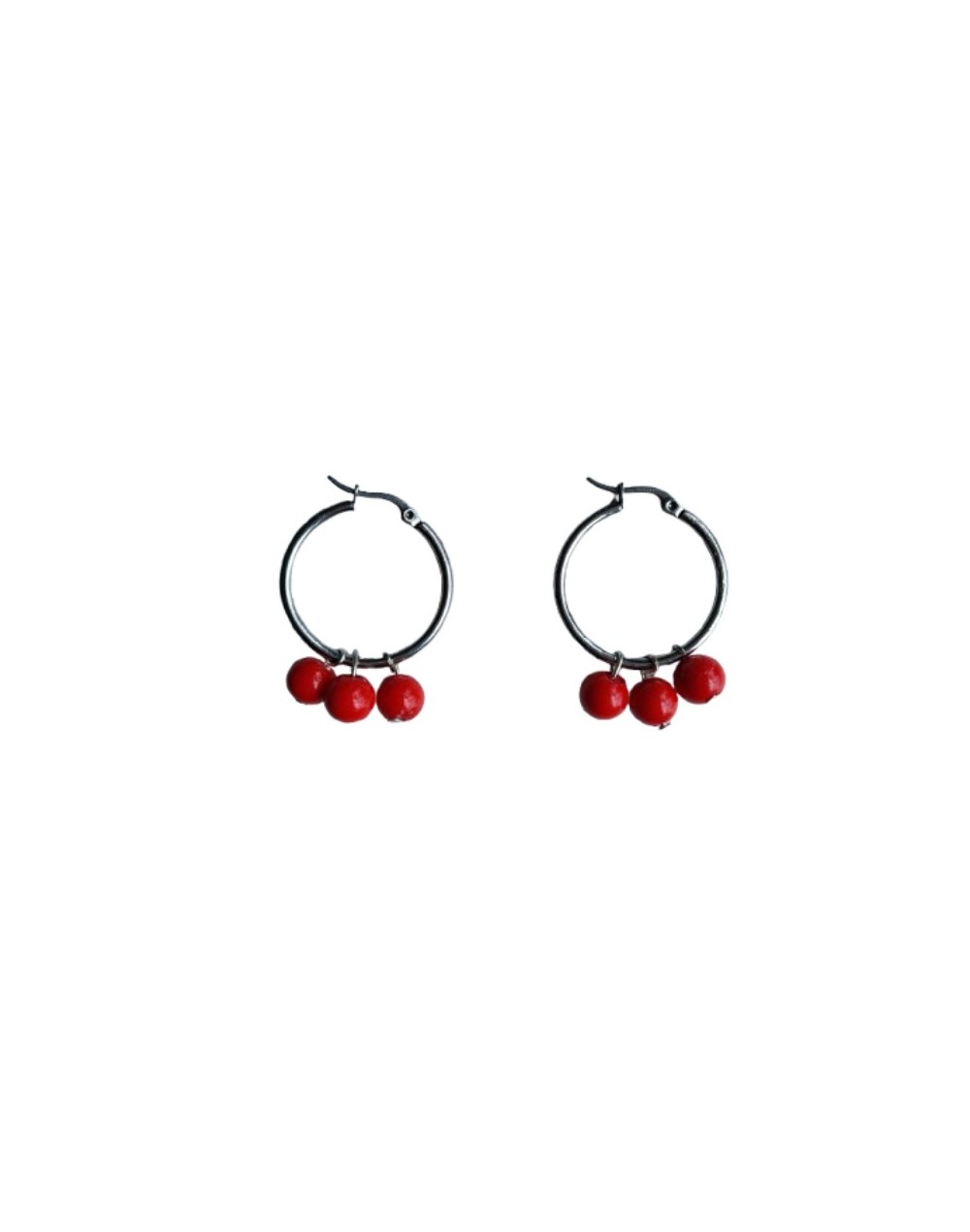 Aretes en Aro Plateado con Perlas de Cristal Rojo 