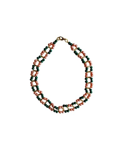 Collar Choker Perlas Sintéticas Verde Y Salmón 29 Cm