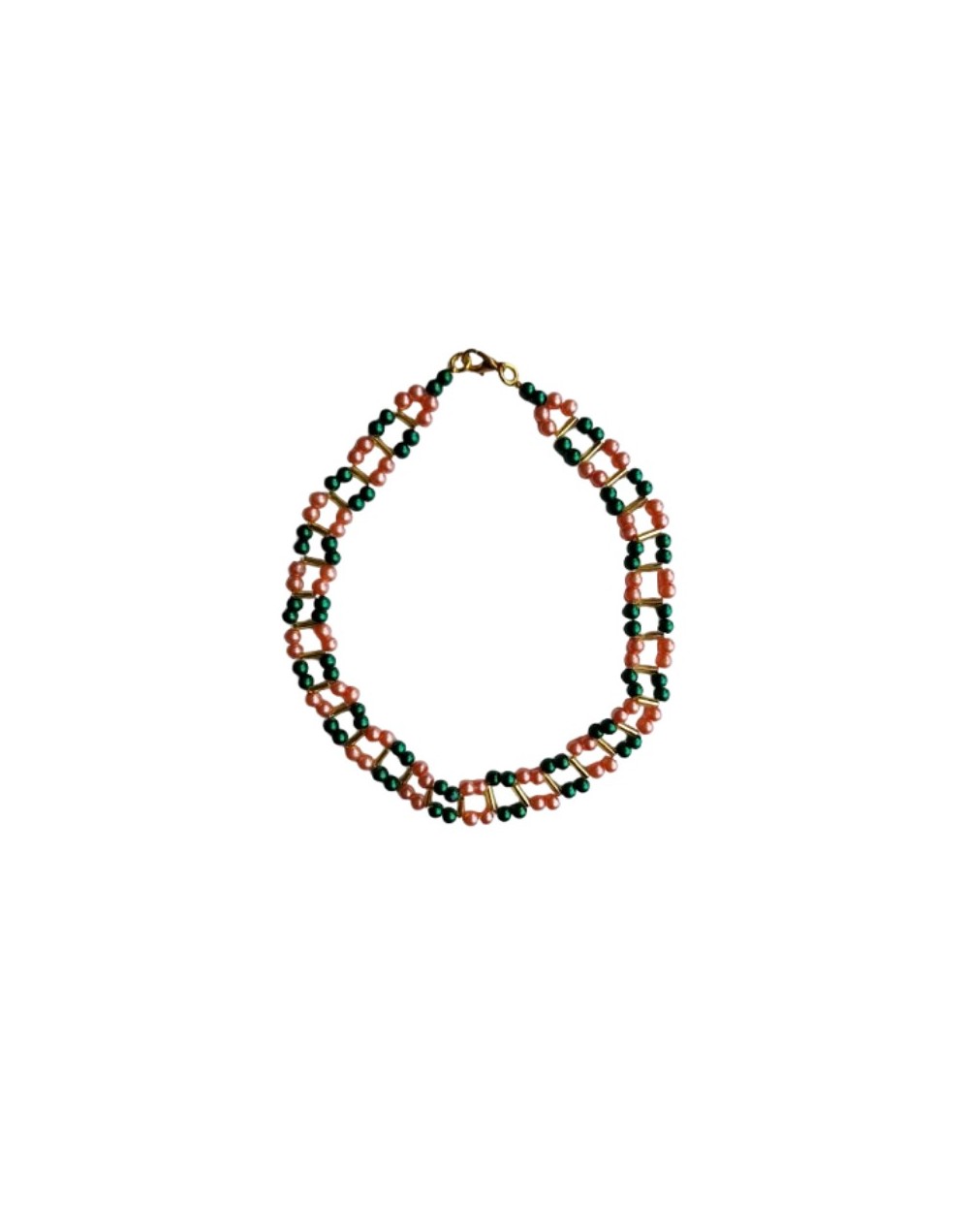 Collar Choker Perlas Sintéticas Verde Y Salmón 29 Cm