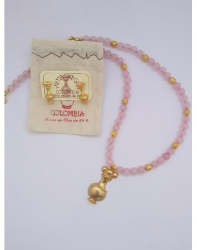 Collar Cuarzo Rosado poporo 6mm y aretes