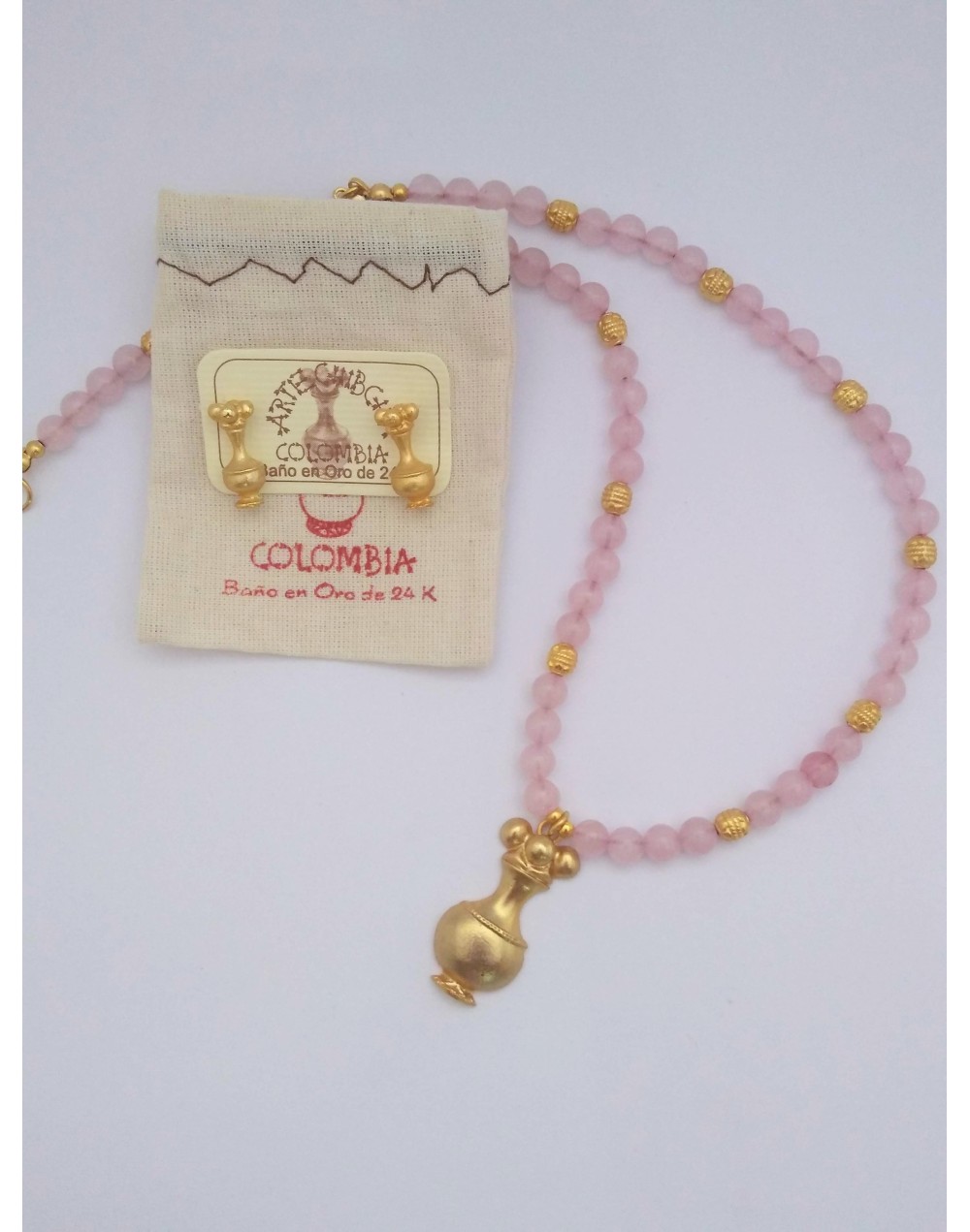 Collar Cuarzo Rosado poporo 6mm y aretes