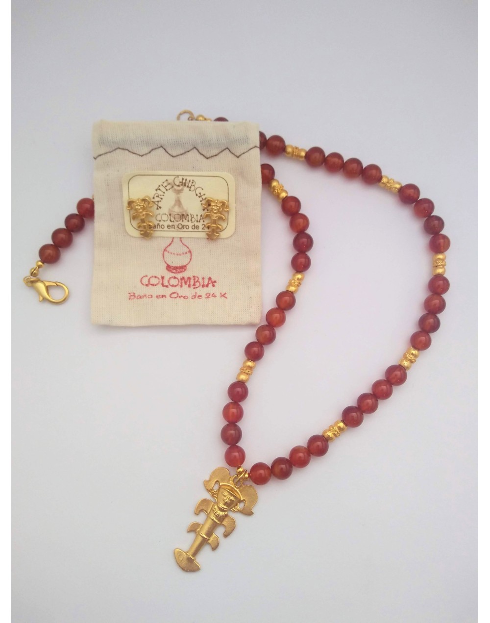 Collar Piedra Cornalina 8mm con aretes