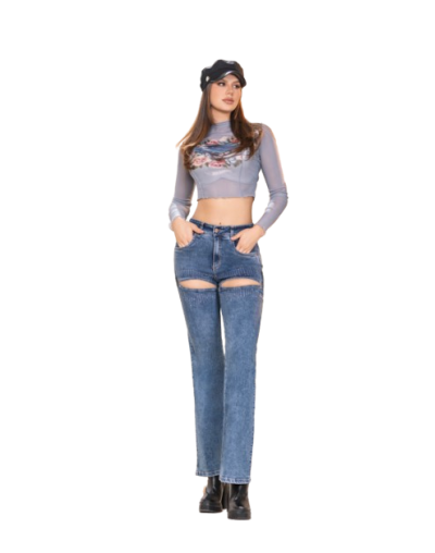 JEAN WIDE LEG PEDRERIA CON ABERTURA