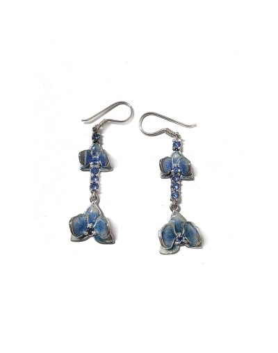 Aretes Orquídea Azul Doble en Plata 925 y Esmalte al Fuego | Lebedeva Jewelry Art
