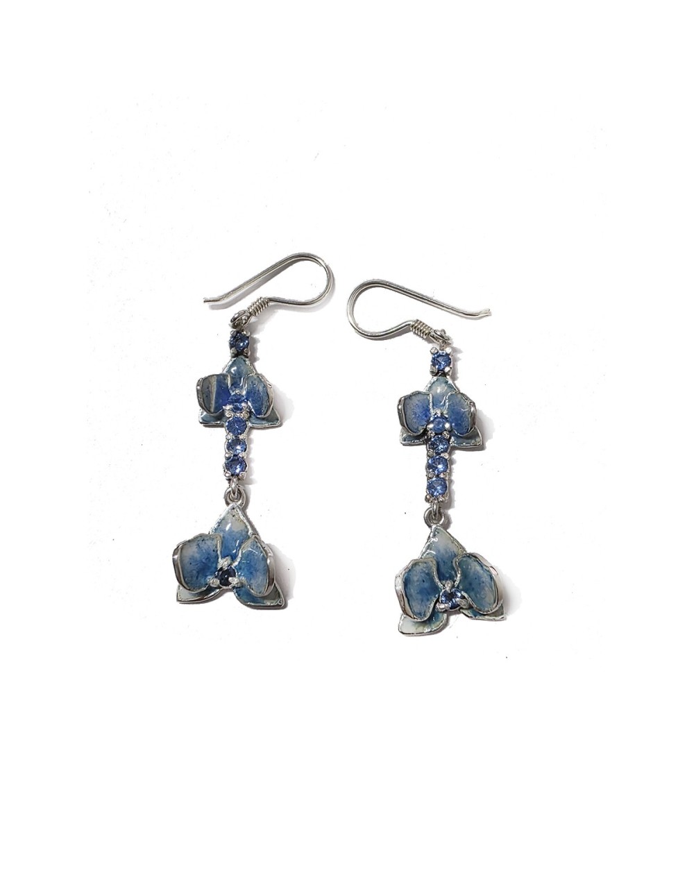 Aretes Orquídea Azul Doble en Plata 925 y Esmalte al Fuego | Lebedeva Jewelry Art