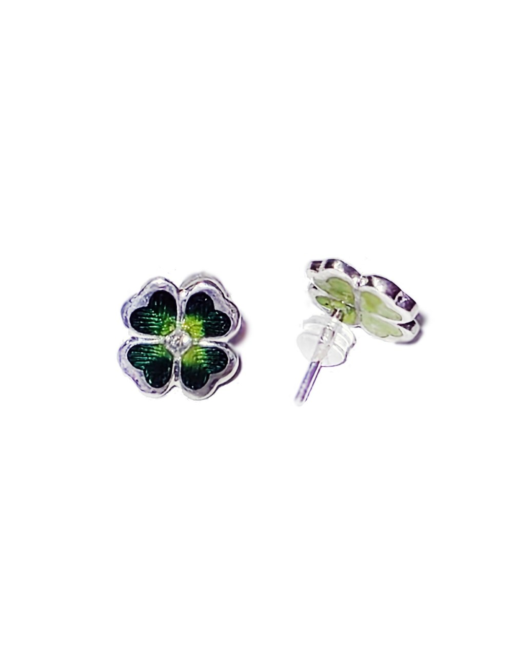 Aretes Trébol Verde en Plata 925, Esmalte al Fuego y Moissanitas | Lebedeva Jewelry Art