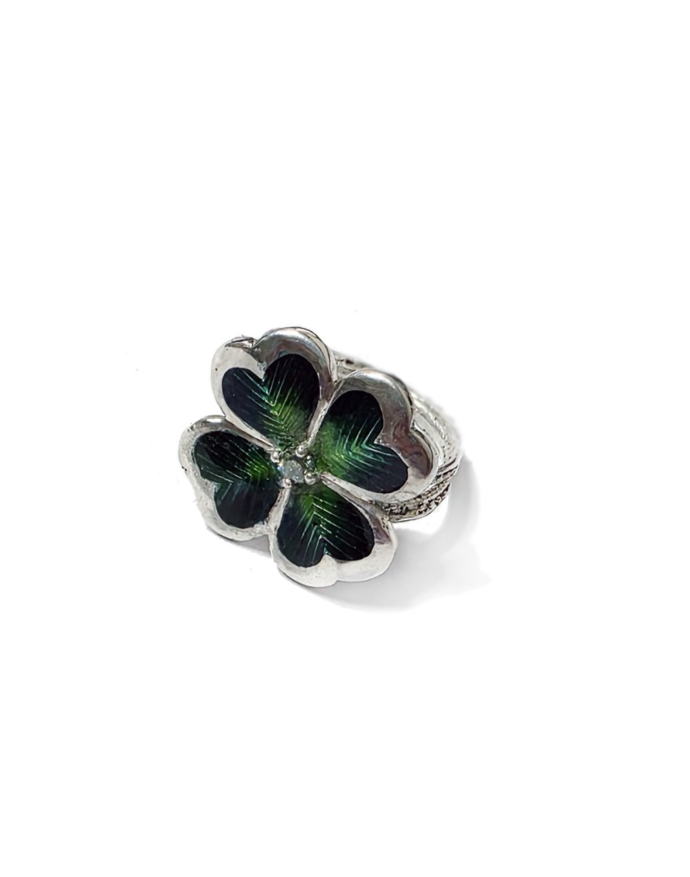Anillo Trébol Verde en Plata 925, Esmalte al Fuego y Moissanita | Lebedeva Jewelry Art