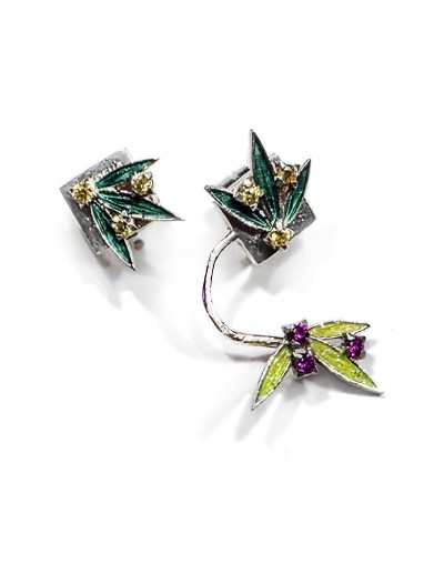 Aretes Bambú con Rubí de Laboratorio y Esmalte al Fuego | Lebedeva Jewelry Art