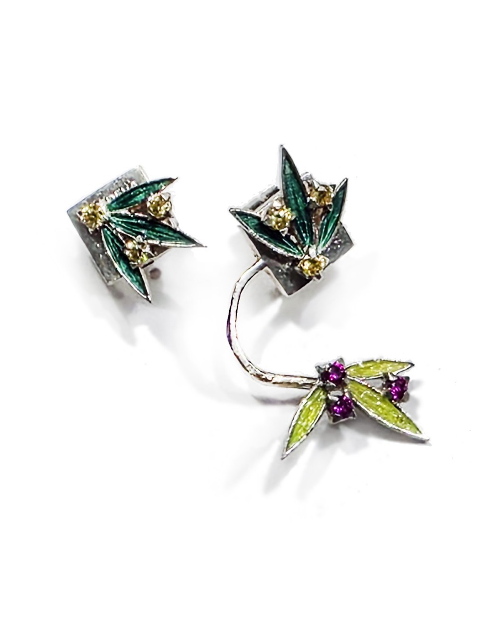 Aretes Bambú con Rubí de Laboratorio y Esmalte al Fuego | Lebedeva Jewelry Art