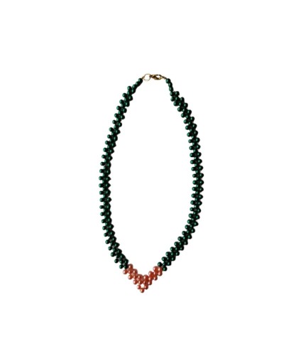 Collar Perlas Verde Botella y Salmón 