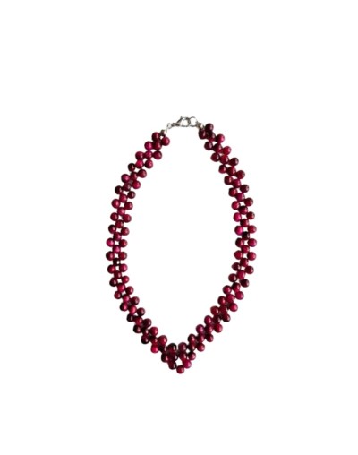 Collar Ojo De Tigre Fucsia En V Pulido 41 Cm
