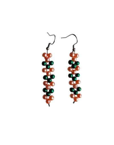 Aretes Largos Perlas Salmón y Verde 