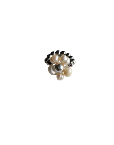 Anillo Ajustable Flor Perlas de Río y Balín Plateado 