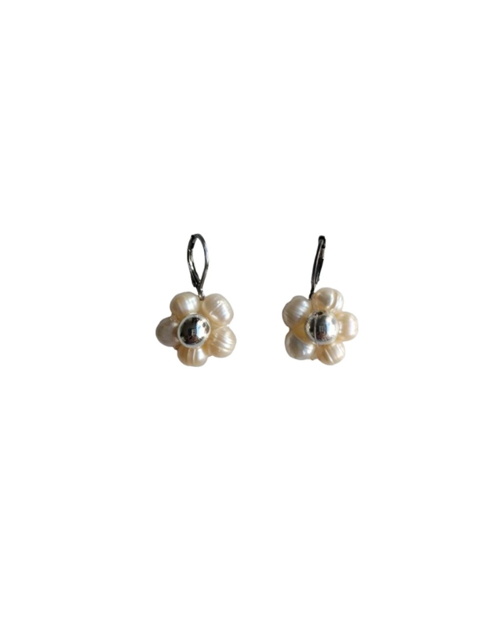 Aretes Flor Perlas de Río y Acerina Plateado 