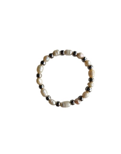Pulsera Elástica Perlas de Río y Balines Plateados 