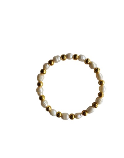 Pulsera Elástica Perlas de Río y Balines Dorados 