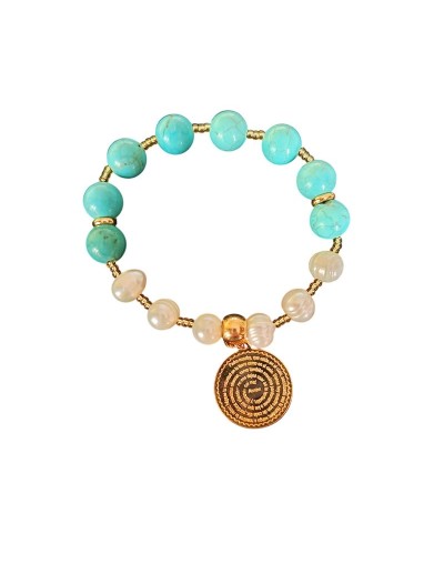 Pulsera con Piedras Turquesa, Perlas de Río y Acero con un Baño de Oro de 24K