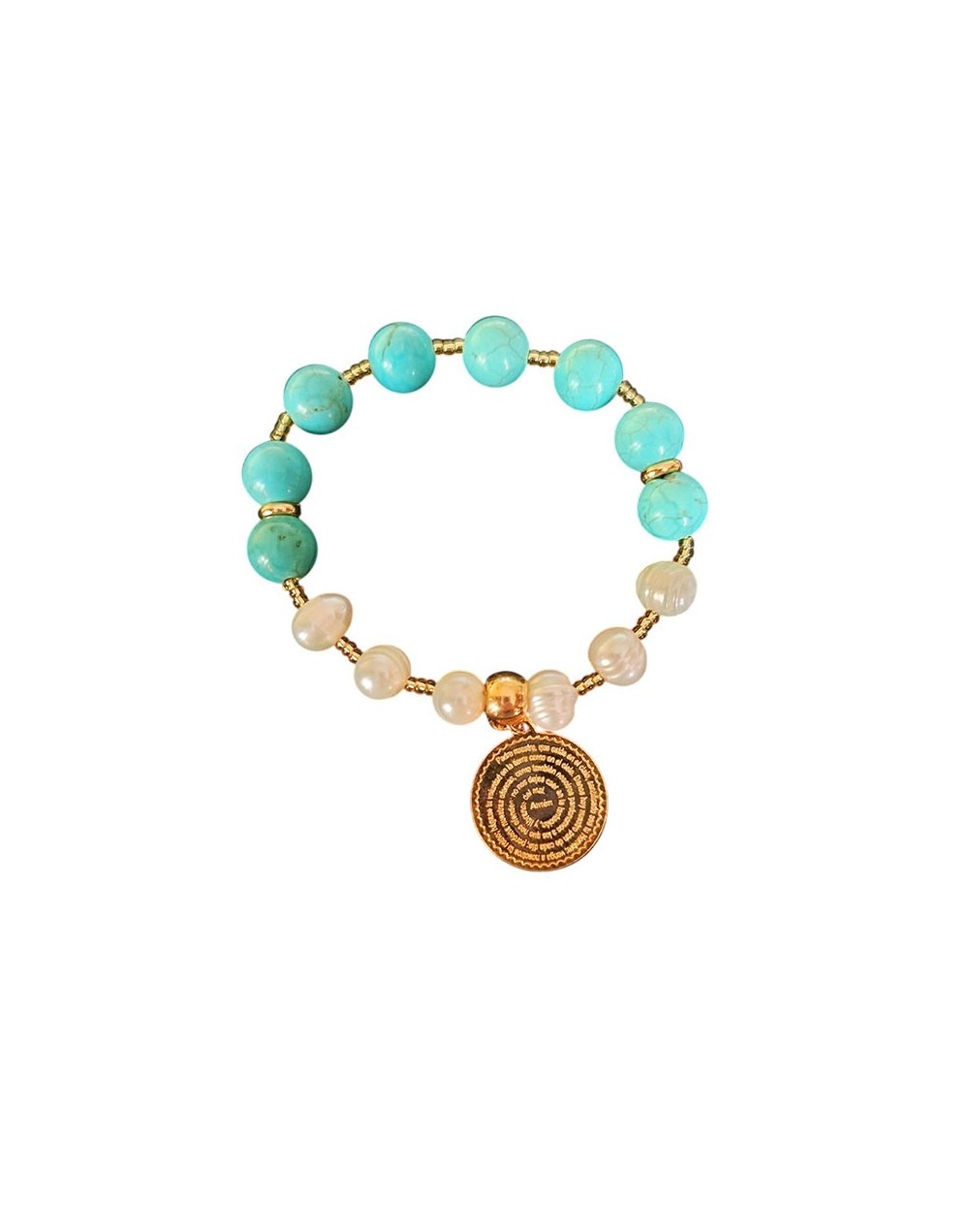 Pulsera con Piedras Turquesa, Perlas de Río y Acero con un Baño de Oro de 24K