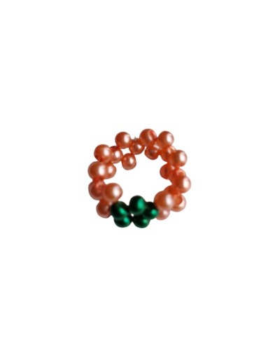 Anillo Tejido Perlas Sintéticas Salmón y Verde Brillante 