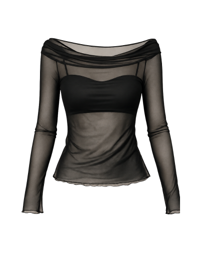Blusa: negra trasparente cuello bandeja 
