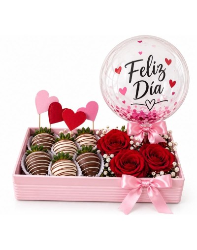 Caja de Rosas con 6 Fresas con Chocolate