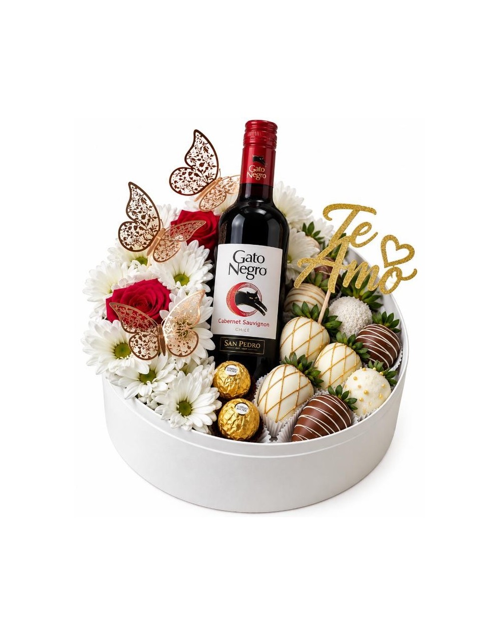 Ramo de 8 Fresas con Chocolate y Vino Gato Negro