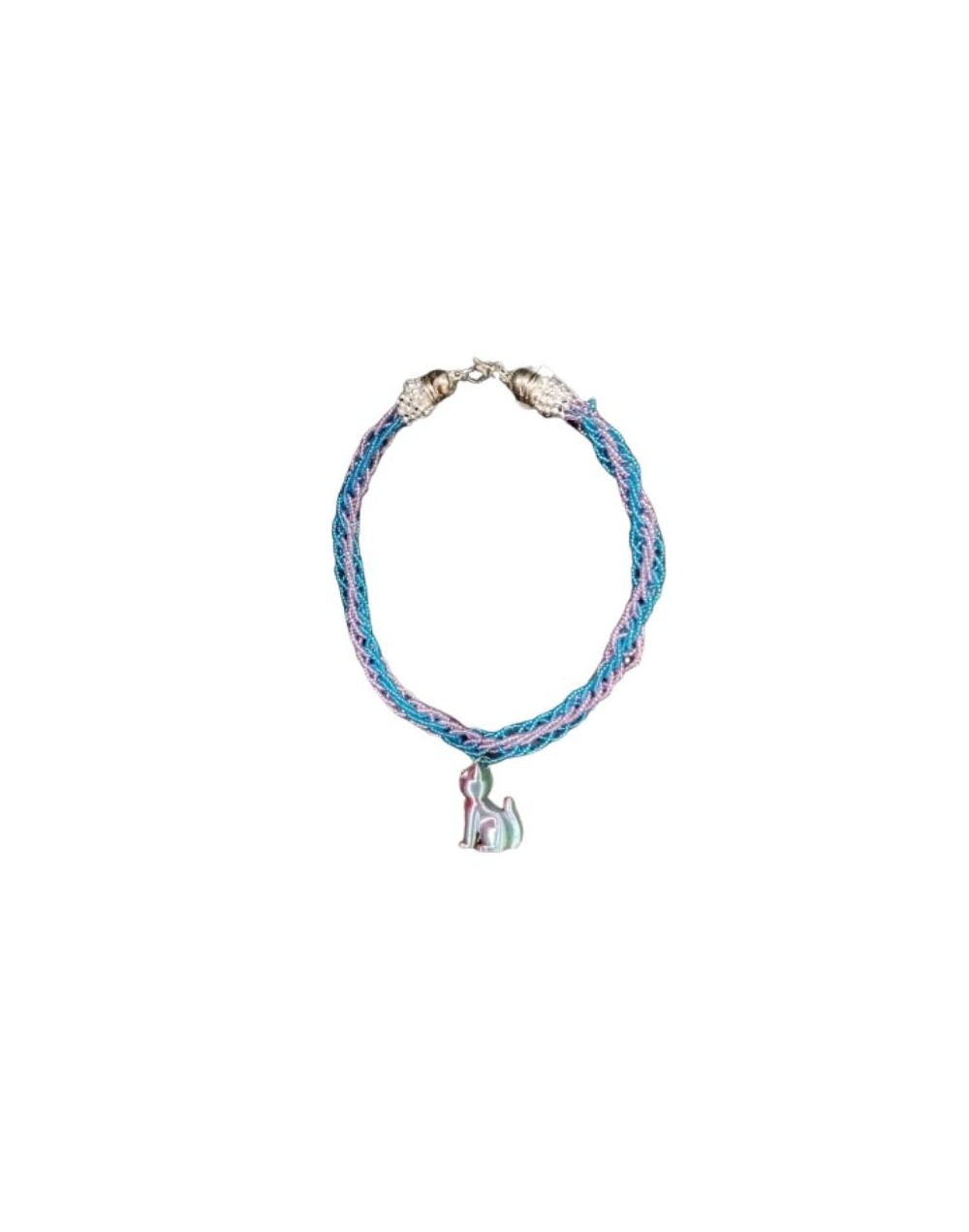 Collar Kumihimo con mostacillas azules y moradas y dije de gato tornasolado sintético 