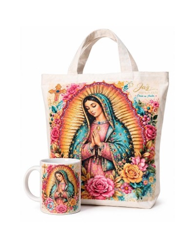 COMBO TOTE BAG VIRGEN GUADALUPE Y MUG EN PEDRERIA Y BRILLO
