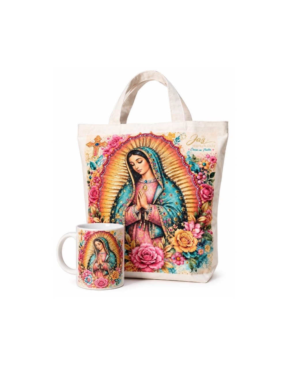 COMBO TOTE BAG VIRGEN GUADALUPE Y MUG EN PEDRERIA Y BRILLO
