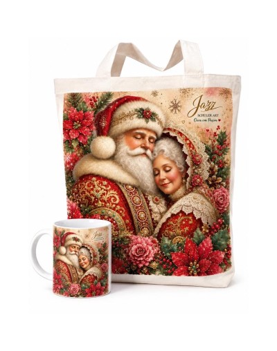 COMBO TOTE BAG Y MUG NAVIDEÑO EN PEDRERIA ARTESANAL Y BRILLOS