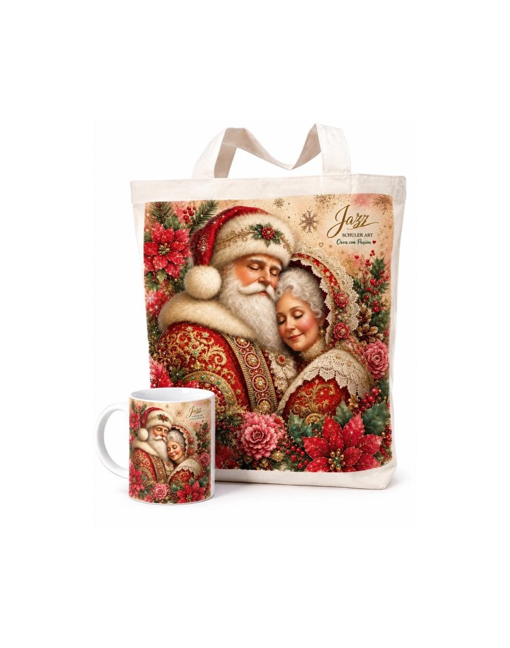 COMBO TOTE BAG Y MUG NAVIDEÑO EN PEDRERIA ARTESANAL Y BRILLOS