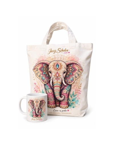 COMBO TOTE BAG Y MUG ARTEAL DECORACION EN PEDRERIA MANDALA ELEFANTE