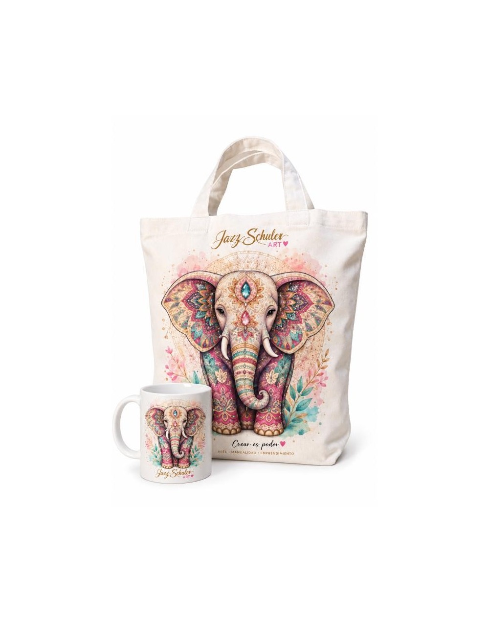 COMBO TOTE BAG Y MUG ARTEAL DECORACION EN PEDRERIA MANDALA ELEFANTE