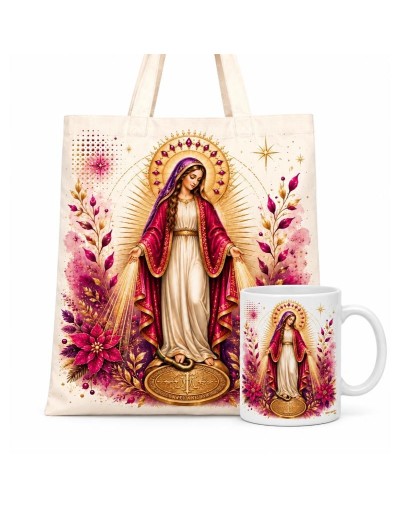 COMBO TOTE BAG Y MUG ARTESANAL EN PEDRERIA VIRGEN MARIA AUX.