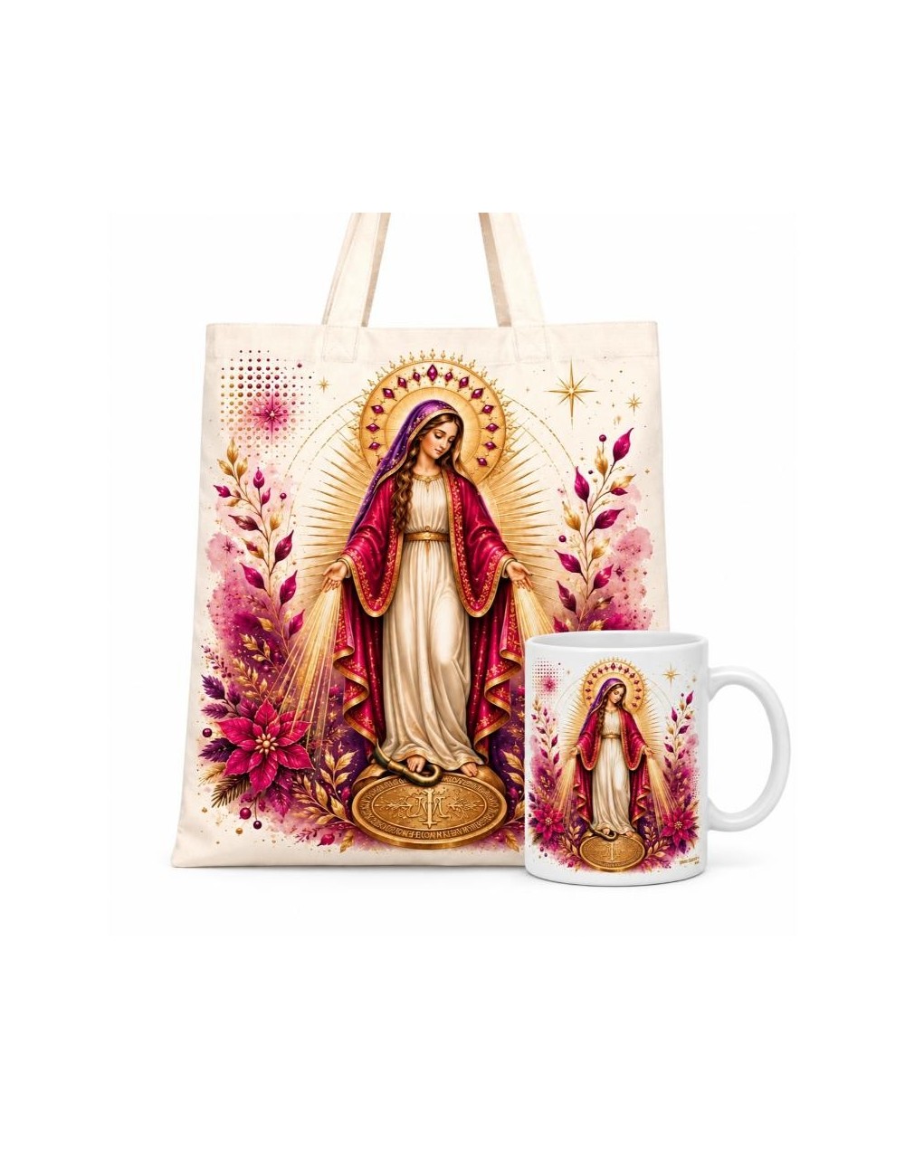 COMBO TOTE BAG Y MUG ARTESANAL EN PEDRERIA VIRGEN MARIA AUX.