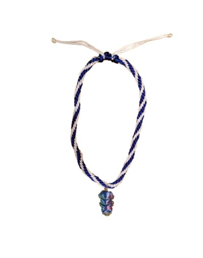 Collar Kumihimo Hilo Seda Azul Oscuro y Blanco Dije de Rana Tornasolada 