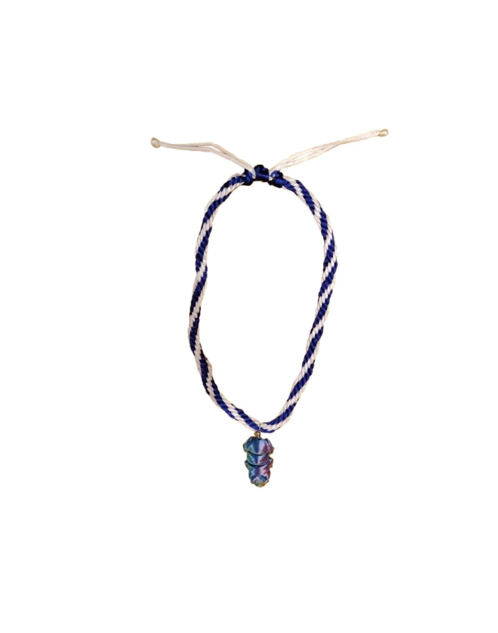 Collar Kumihimo Hilo Seda Azul Oscuro y Blanco Dije de Rana Tornasolada 