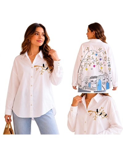 Blusa blanca pájareos y pueblo