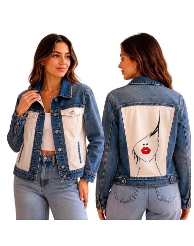 Chaqueta Denim con panel blanco y labios rojos,pintado a mano