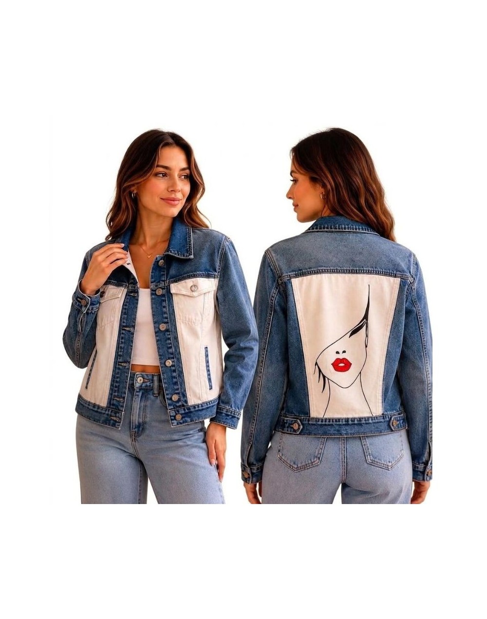 Chaqueta Denim con panel blanco y labios rojos,pintado a mano