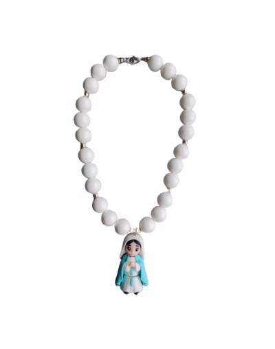 Collar Piedras Bola de Chicle Blanco Dije Virgen 3D