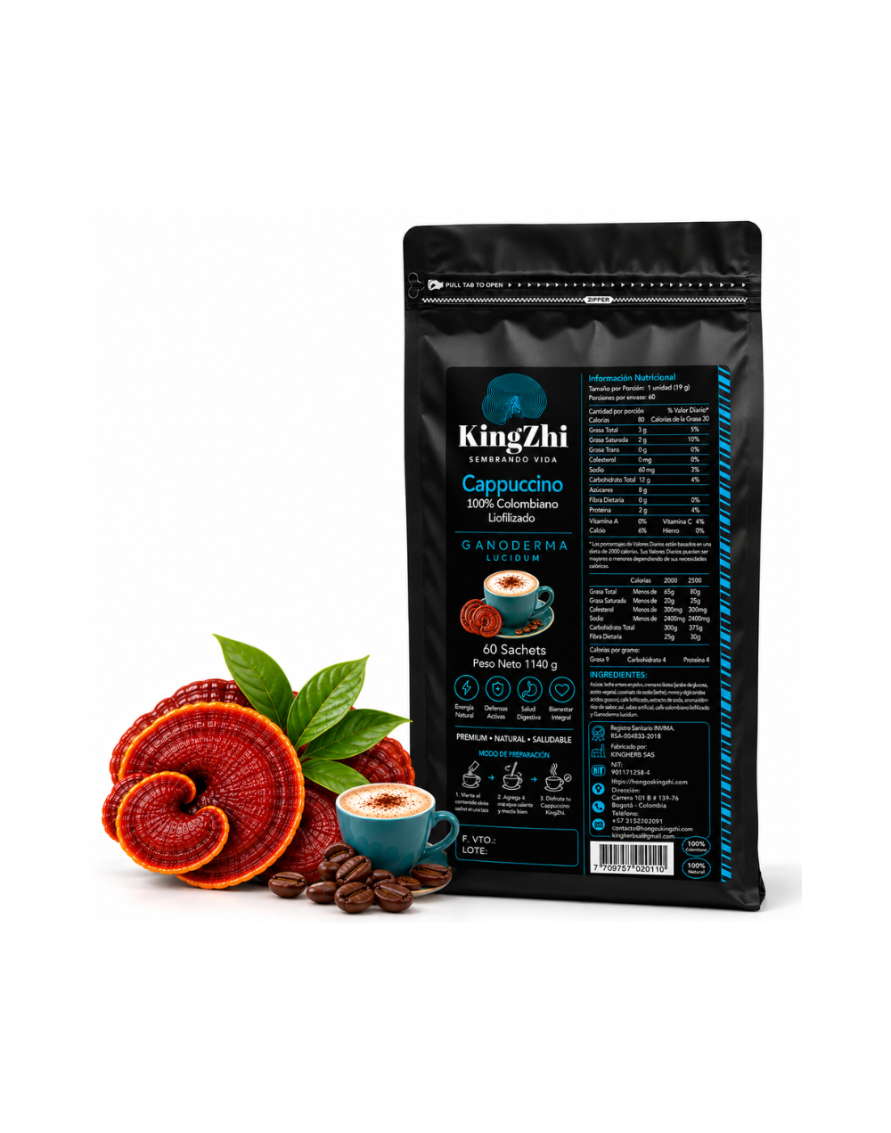 Café Cappuccino Premium con Hongo Ganoderma Lucidum 60 Sachets | KingZhi