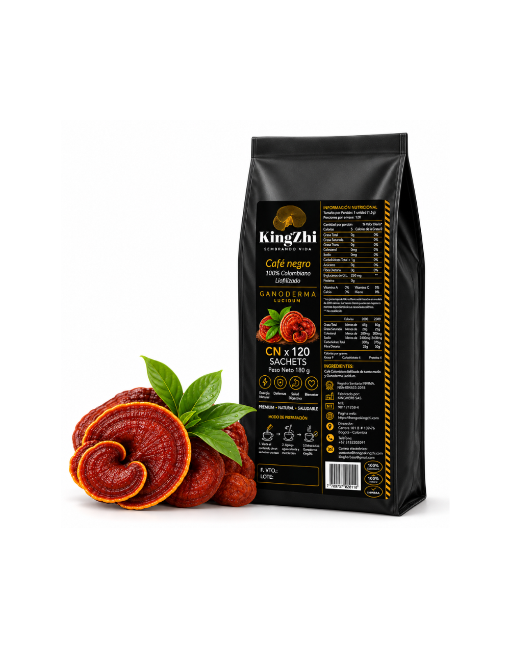 Café Negro Premium con Hongo Ganoderma Lucidum 120 Sachets | KingZhi