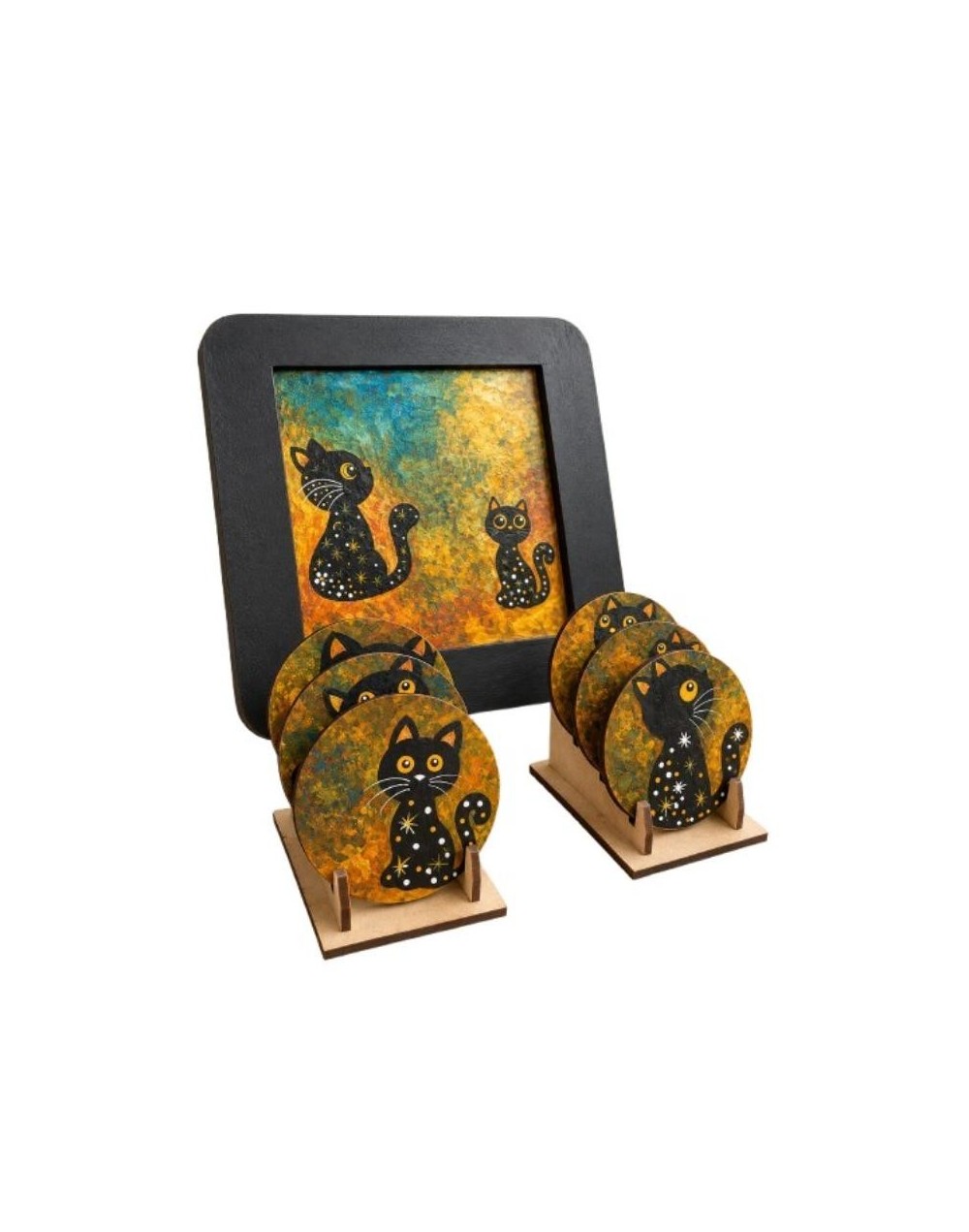 Set Bandeja Y Portavasos De Gatos En Madera Resinados Pintados